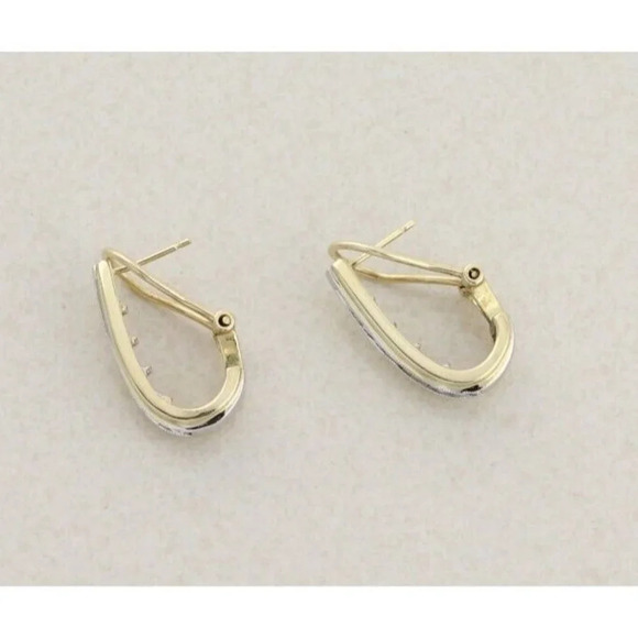 10k Yellow Gold & White Gold Diamond Hoop Earrings Omega Back - Picture 7 of 8